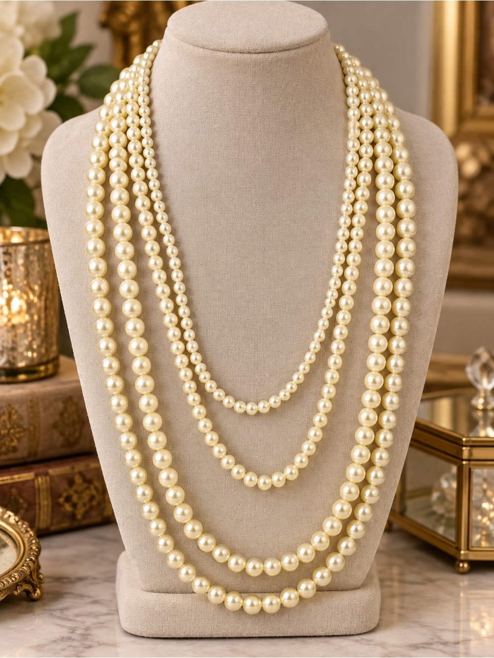 Multi Strand Ivory Glass Pearl Statement Necklace Graduated Layered Classic